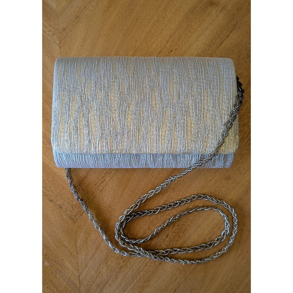 Elegant Silver Gold Brocade Fabric Evening Bag Beaded Chain Strap Clutch Purse
